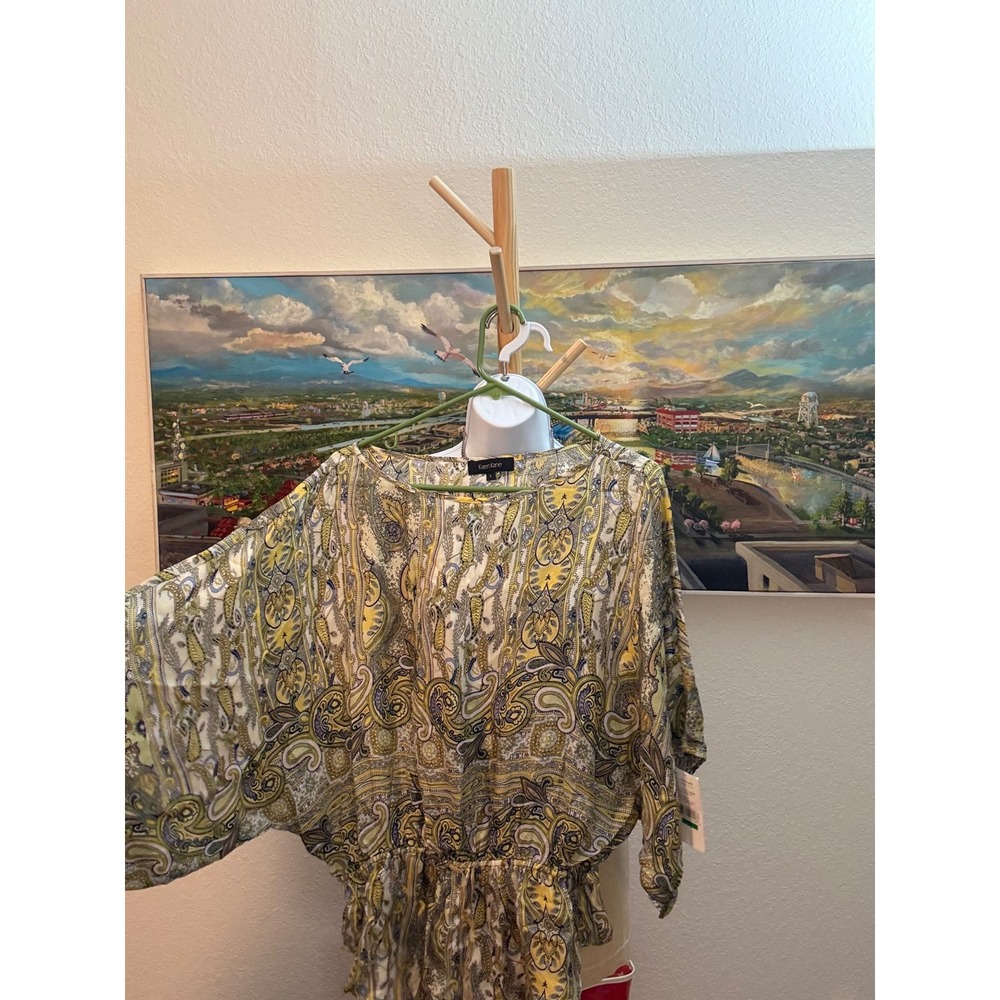 Karen Kane Las Palmas Top Womens Yellow Paisley Drawstring Dolman Blouse